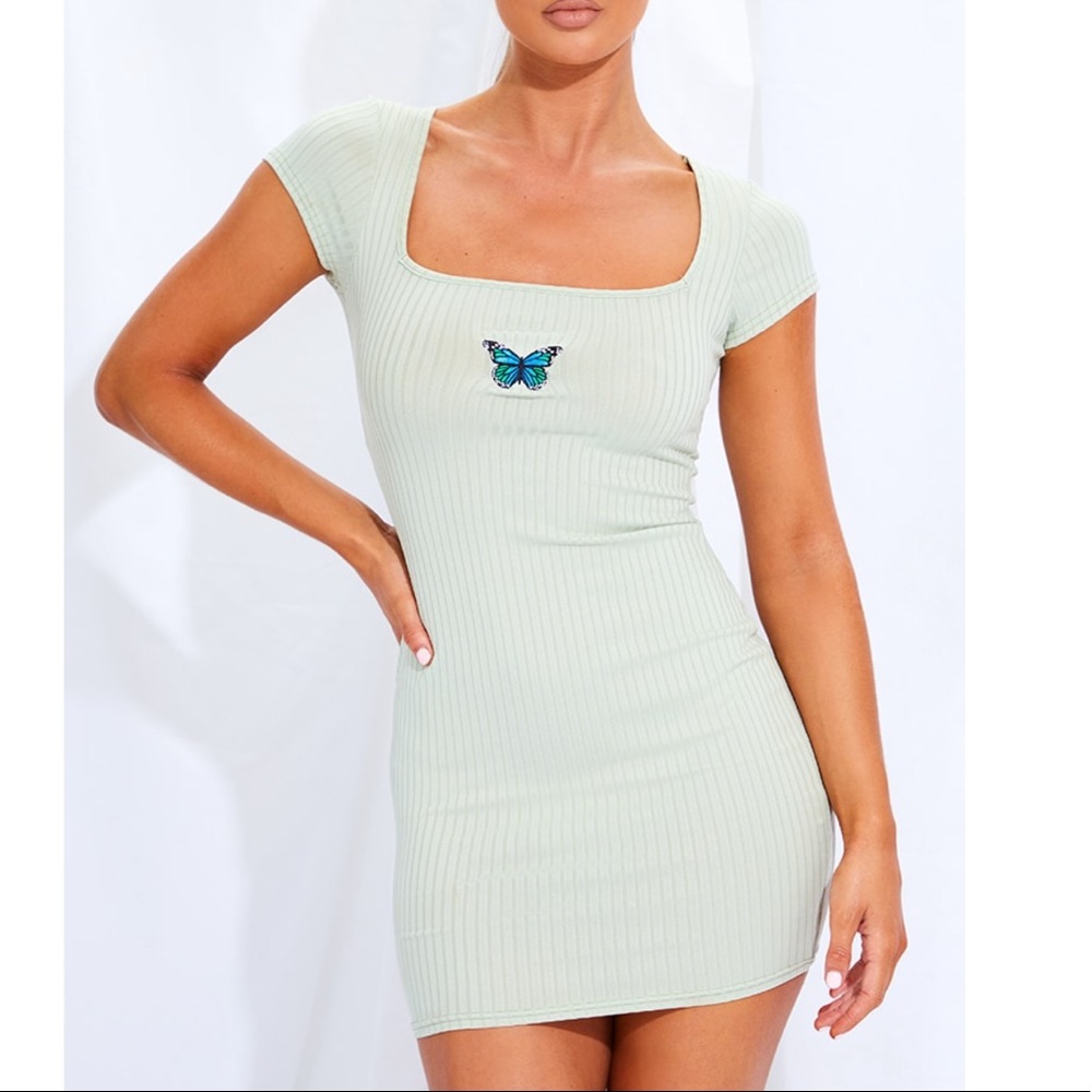 Butterfly embroidered square neck dress